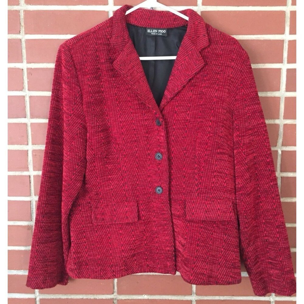 VTG 80s Ellen Figg Blazer 14 Red Black Herringbone USA Textured Academia Career